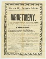 1917 A kecskeméti Cs. és KIr. Tartalékkórház segédápolók felvételéről szóló hirdetménye 49x62 cm