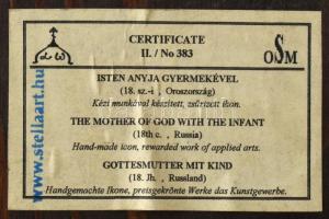 Ikon másolat, Stella Miklós: Isten Annyja Gyermekével 18. sz. Oroszország. Vegyes technika, fa. 26,5...