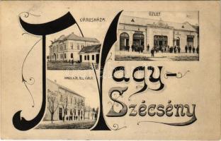 1911 Szécsény, Nagyszécsény; városháza, magy. kir. állami óvoda, Róth Adolf üzlete, Glattstein Adolf könyvnyomdája és saját kiadása. Art Nouveau
