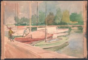 Adámi Sándor (1912 k.-1991): Kikötő. Akvarell, papír, jelzett, lap szélén kisebb sérülésekkel és paszpartuzás nyomaival (ragasztószalag). 21x32 cm