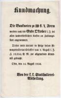 Buda (Ofen) 1856. Hirdetmény 10 Florinos bankjegyek október végi bevonásáról, német nyelven T:III szép papír