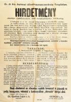 1917 Hirdetmény ellenséges repülőtámadások elleni óvrendszabályokra vonatkozólag. Cegléd. Plakát 42x60 cm