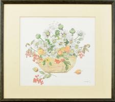 Kovács Julianna (1947-): Virágkosár mákgubókkal. Akvarell, tus, papír, jelzett, üvegezett keretben, 30x33 cm