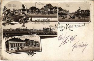 1898 (Vorläufer) Nagykanizsa, Főtér, Petőfi utca, Fő utca, Cs. és kir. 48. gyalogezred laktanyája. Fischel Fülöp Art Nouveau, floral, litho (EK)
