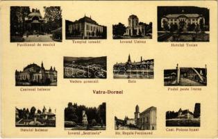 Vatra Dornei, Dornavátra, Bad Dorna-Watra (Bukovina); Templul izraelit, Hotelul Traian, Baia, Casinoul balnear, Pavilionul de muzica, Cast. Poiana Itcani, Izvorul Sentinela, Unirea / synagogue, hotels, music pavilion