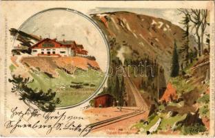 1904 Hochschneeberg, Hotel Panhans, Schneebergbahn Station Baumgartner. K.k. Priv. Eisenbahn Wien-Aspang u. Schneebergbahn Serie No. 1. Art Nouveau, litho (EB)