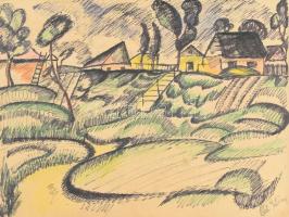 Pál István (1888-1939): Expresszív táj. Akvarell, tus, karton, jelzett. 35,5×47 cm