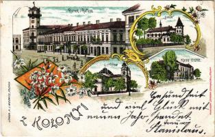 1897 (Vorläufer) Kolomyia, Kolomyja, Kolomyya, Kolomea; Rynek i Ratusz, Sokol, Kasa Oszgz, cerkiew / square, town hall, villa, church. Szymona Sennensiba Art Nouveau, floral, litho (small tear)