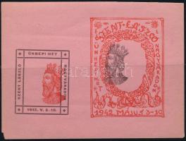 1942 Szent László levélzáró kisív rózsaszín papíron, elcsúszott nyomás (hiányzó sarok / missing corner)