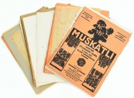 1933-1934 Muskátli, magyar kézimunka újság 7 db száma. Számos fekete-fehér képpel, korabeli hirdetésekkel, mellékletekkel (hímzésminták). Nagyrészt sérült, szétvált állapotban.