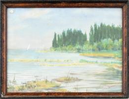 Olvashatatlan jelzéssel: Szántódi rév, 1956. Akvarell, papír. Üvegezett fa keretben. 27,5x36,5 cm