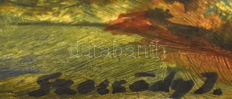 Szecsődy jelzéssel: Utcarészlet. Olaj, karton. Dekoratív, sérült fa keretben. 21x29 cm