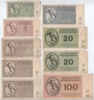 Német Harmadik Birodalom / Cseh-Morva Protektorátus / Theresienstadt gettó 1943. január 1. 1K + 2K + 5K (3x) + 10K + 20K (2x) + 100K helyi pénz T:III,III- fo. / German Third Reich / Protectorate of Bohemia and Moravia / Theresienstadt ghetto 1st January 1943. 1 Krone + 2 Kronen + 5 Kronen (3x) + 10 Kronen + 20 Kronen (2x) + 100 Kronen local paper money C:F,VG spotted