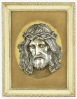 Krisztus fej, ezüstözött fém, kopott, jelzés nélkül, farostra applikálva, keretben, fej méret: 16x115cm