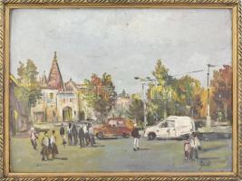 Gaál jelzéssel: Forgatag. Olaj, karton, fa keretben, 16×21 cm