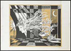 Szász Endre (1926-2003): Női fej mélytengeri halakkal. Művész próbanyomat. Szitanyomat, papír, jelzett, üvegezett keretben, 40x50 cm.