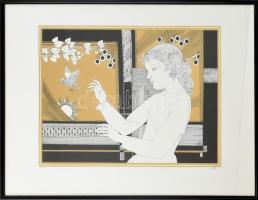 Szász Endre (1926-2003): Lány madárral. 2/300. Szitanyomat, papír, jelzett, üvegezett keretben, 40x50 cm.