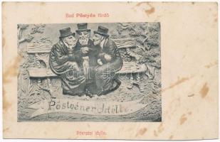 Pöstyén, Pistyan, Piestany; Zsidó férfiak, judaika / Pöstyéner Idyll. Eigenthum und Verlag A. Bernas / Jewish men sitting on a bench. Judaica art postcard (fl)