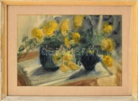 Kovátsné Nagy Emerencia (1921-1978): Csendélet. Akvarell, papír, jelzett. Üvegezett, sérült fa keretben, 33×50 cm