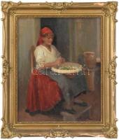 Pap Emil (1884-1955): Fejkendős lány. Olaj, karton, jelzett. Dekoratív, sérült fa keretben, 44×36 cm
