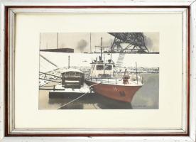 Czene Béla (1911-1999): Kikötő. Akvarell, karton, jelzett. Üvegezett fa keretben, 33×46 cm