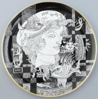 Hollóházi Szász Endre által tervezett dekorral díszített porcelán tányér. Matricás, jelzett, minimális kopással, d: 31 cm