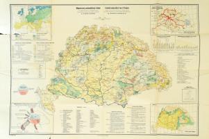 1928 Magyarország gazdaságföldrajzi térképe. Dr. Teleki Pál gróf és dr. Cholnoky Jenő közreműködésével szerk.: dr. Fodor Ferenc. 1 : 1.500.000, Bp., Magyar Földrajzi Intézet Rt. III. kiadás. Gazdasági adatokkal, statisztikákkal, közte a trianoni békeszerződés által okozott ipari és gazdasági veszteségekkel, két nyelven (magyar, angol), szakad, sérült, javított, 63x95 cm