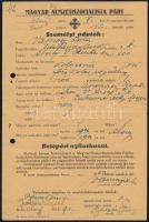 1941 Belépési nyilatkozat a Magyar Nemzetiszocialista Pártba - Hungarista mozgalom. Kitöltve.