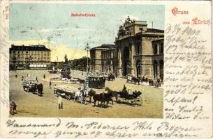 1900 Zürich, Zurich; Bahnhofplatz / railway station, horse-drawn tram, hotel (fa)