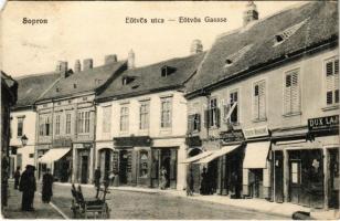 1917 Sopron, Eötvös utca, Schranz Frigyes, Roschl Mihályné, Dux Lajos üzlete, vendéglő. Piri Dániel kiadása (EM)