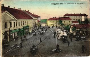 1916 Nagykanizsa, Erzsébet királyné tér, Bettlheim és Guth üzlete, piac (Rb)