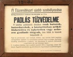 1936 Padlás tűzvédelmére vonatkozó tűzrendészeti szabályok, Bp., Nagy Vince-ny., üvegezett fa kereretben, 28x37 cm