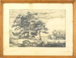 Görög Rezső (1930- ): Erdő szélén (vaddisznók). Rézkarc, papír, jelzett, lap széle kissé foltos. Üvegezett, sérült fa keretben, 29,5×39 cm
