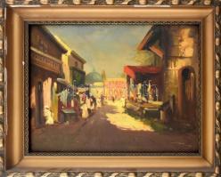 Agárdi Soós Lajos: Arab utcarészlet, olaj, karton, jelzett, régi, üvegezett sérült keretben, 42×53cm