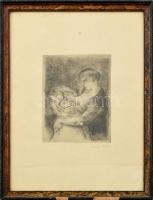 Szőnyi István (1894 - 1960): Anya gyermekével. Rézkarc, papír. Jelzett. Üvegezett sérült keretben. 19x15cm
