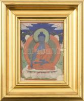 Tibeti thanka: Gyógyító Buddha vadzsrával. Vászon, vegyes technika. Jelzés nélkül. Sérült. Kopott fakeretben. 18x13cm