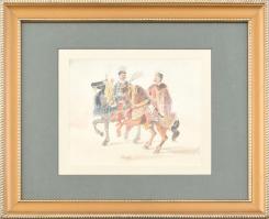 Jelzés nélkül: Két lovaskatona díszegyenruhában. Akvarell, papír. Dekoratív, üvegezett fa keretben. 16x20 cm