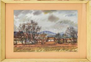 Bóka Dezső (1935-): Faluvége, 1972. Akvarell, papír, jelzett. Hátoldalán Képcsarnok Vállalat sérült, hiányos címkéjével Üvegezett, sérült fa keretben, 33,5x51 cm.
