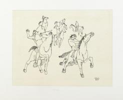 Kádár Béla (1877-1956): Meztelen lovasok. Rézkarc, papír, jelzett számozott (10/100), 22,5x29,5 cm. Aláírt hagyatéki bélyegzővel,