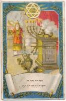 Boldog Újévet! Héber nyelvű zsidó újévi üdvözlőlap. Judaika / Jewish New Year greeting postcard with Hebrew text, Judaica. Golden litho (fa)