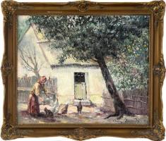 Tihanyi János Lajos (1892-1957): Baromfiudvar. Olaj, vászon, jelezve jobbra lent. Dekoratív, kissé sérült fa keretben. 50x60 cm