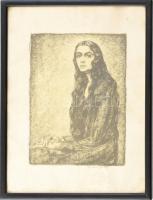 Bardócz Árpád (1882-1938): Hosszúhajú lány, 1923. Litográfia, papír, jelzett, foltos, üvegezett fa keretben, 32×23,5 cm