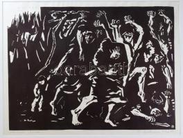 Swierkiewicz Róbert (1942-): Menekülők. Linómetszet, papír, jelzett , paszpartuban, keret nélkül, 42×62 cm