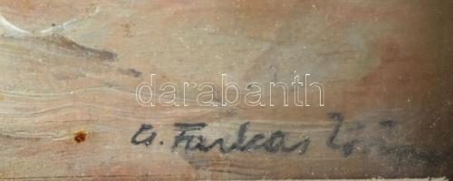 Csallóközi Farkas Lőrinc (1898-1966): Hólapátolás. Olaj, karton. Jelzett. Dekoratív, sérült üvegezet...