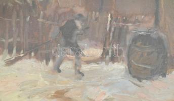 Csallóközi Farkas Lőrinc (1898-1966): Hólapátolás. Olaj, karton. Jelzett. Dekoratív, sérült üvegezet...