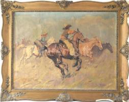 Viski János (1891-1987): Cowboyok. Olaj, vászon, jelzett, kissé sérült. Dekoratív, sérült fa keretben, 70x50 cm / oil on canvas, signed, slightly damaged, framed