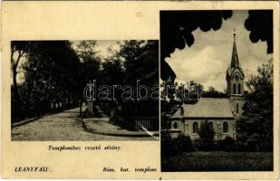 1942 Leányfalu, Római katolikus templom, Templomhoz vezető sétány. Stampf Béla kiadása (EK)