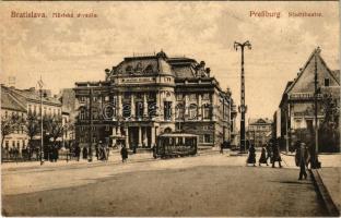 Pozsony, Pressburg, Bratislava; színház, villamos, Mindszenty üzlete / Mestské divadlo / theatre, tram, shop (fl)