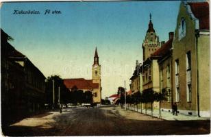 1915 Kiskunhalas, Fő utca, templom. Tirmann Konrád kiadása (EK)