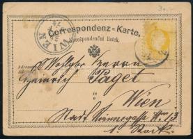 Ausztria 1874 Tévnyomatos 5kr díjjegyes levelezőlap a díjjegyre ragasztott 2kr bélyeggel / PS-card with error 5kr for 2kr, franked with 2kr stamp (SAA)Z - Wien